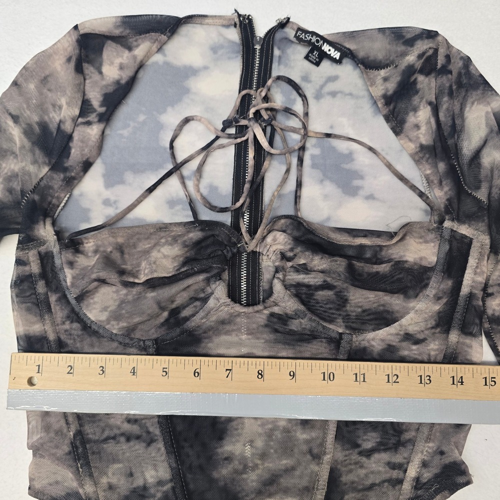 Fashion Nova Grey Tie Dye Mesh Corset Top Long Sleeve Halter XL Goth - Picture 8 of 9